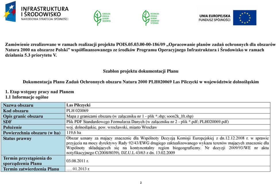 3 priorytetu V. Szablon projektu dokumentacji Planu Dokumentacja Planu Zadań Ochronnych obszaru Natura 2000 PLH020069 Las Pilczycki w województwie dolnośląskim 1. Etap wstępny pracy nad Planem 1.