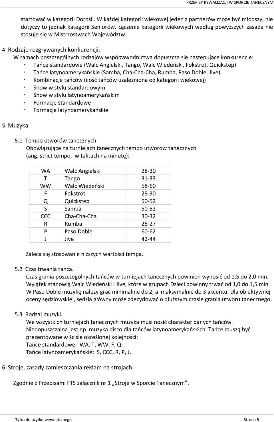 W ramach poszczególnych rodzajów współzawodnictwa dopuszcza się następujące konkurencje: Tańce standardowe (Walc Angielski, Tango, Walc Wiedeński, Fokstrot, Quickstep) Tańce latynoamerykańskie