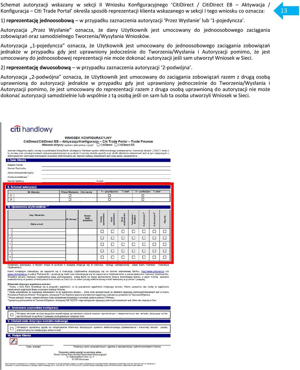 Autoryzacja Przez Wysłanie oznacza, że dany Użytkownik jest umocowany do jednoosobowego zaciągania zobowiązań oraz samodzielnego Tworzenia/Wysyłania Wniosków.