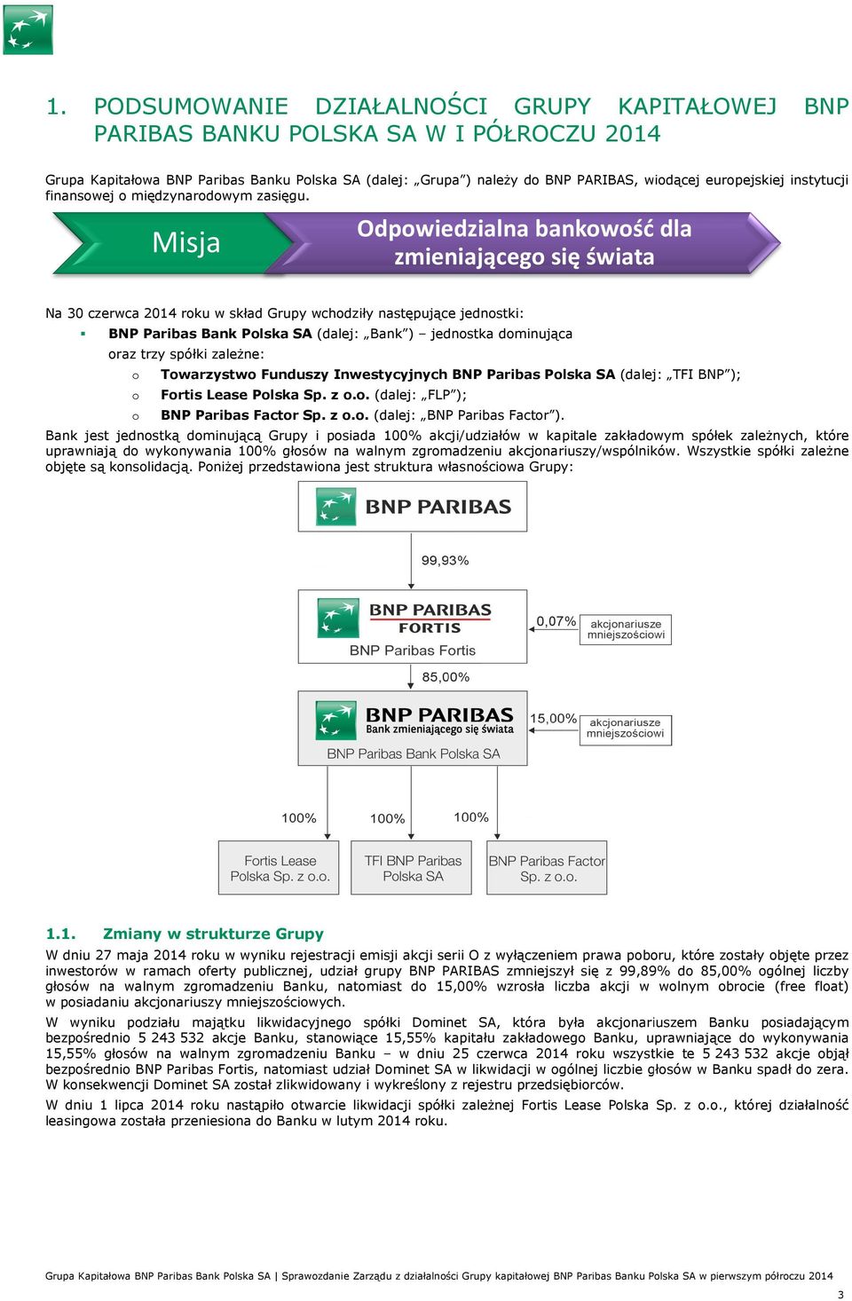 Misja Odpowiedzialna bankowość dla zmieniającego się świata Na 30 czerwca 2014 roku w skład Grupy wchodziły następujące jednostki: BNP Paribas Bank Polska SA (dalej: Bank ) jednostka dominująca oraz