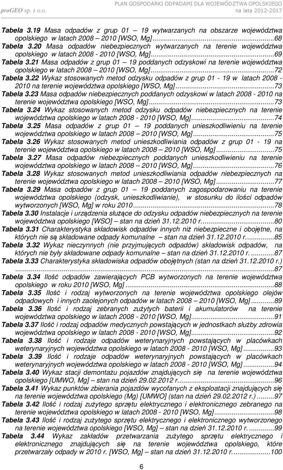 21 Masa odpadów z grup 01 19 poddanych odzyskowi na terenie województwa opolskiego w latach 2008 2010 [WSO, Mg]...72 Tabela 3.