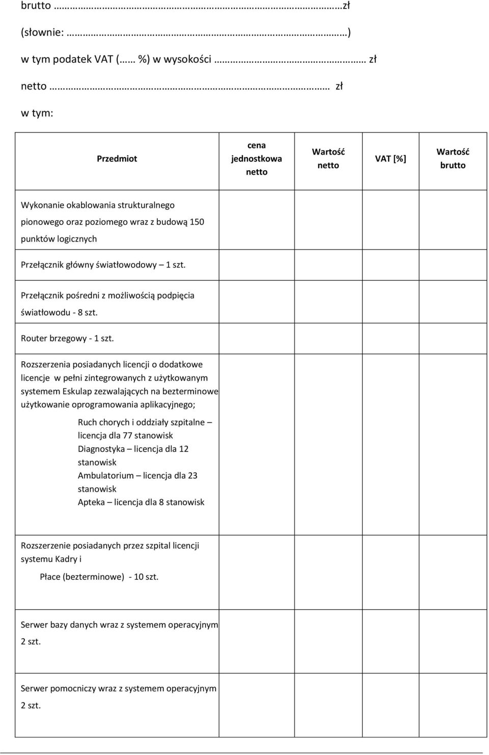 Rozszerzenia posiadanych licencji o dodatkowe licencje w pełni zintegrowanych z użytkowanym systemem Eskulap zezwalających na bezterminowe użytkowanie oprogramowania aplikacyjnego; Ruch chorych i