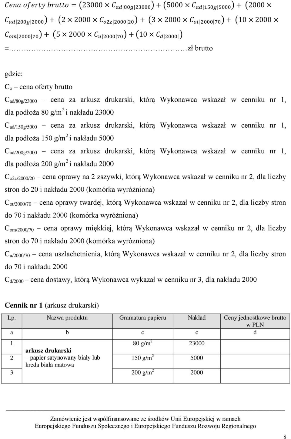 Wykonawca wskazał w cenniku nr, dla podłoża 50 g/m 2 i nakładu 5000 C ad/200g/2000 cena za arkusz drukarski, którą Wykonawca wskazał w cenniku nr, dla podłoża 200 g/m 2 i nakładu 2000 C o2z/2000/20