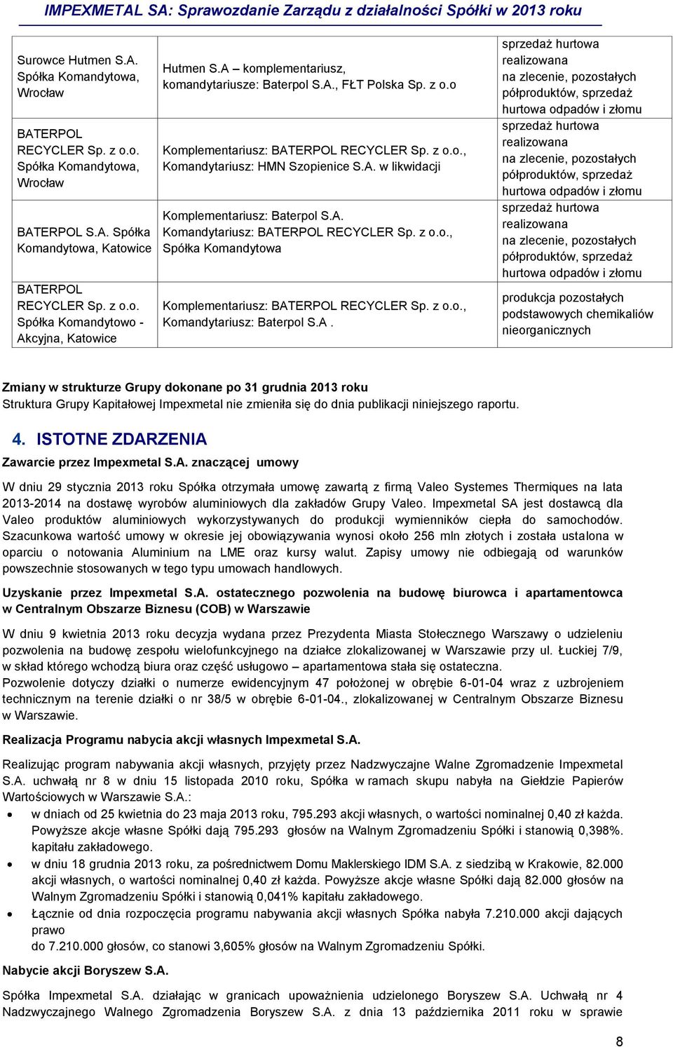 A. Komandytariusz: BATERPOL RECYCLER Sp. z o.o., Spółka Komandytowa Komplementariusz: BATERPOL RECYCLER Sp. z o.o., Komandytariusz: Baterpol S.A. sprzedaż hurtowa realizowana na zlecenie, pozostałych