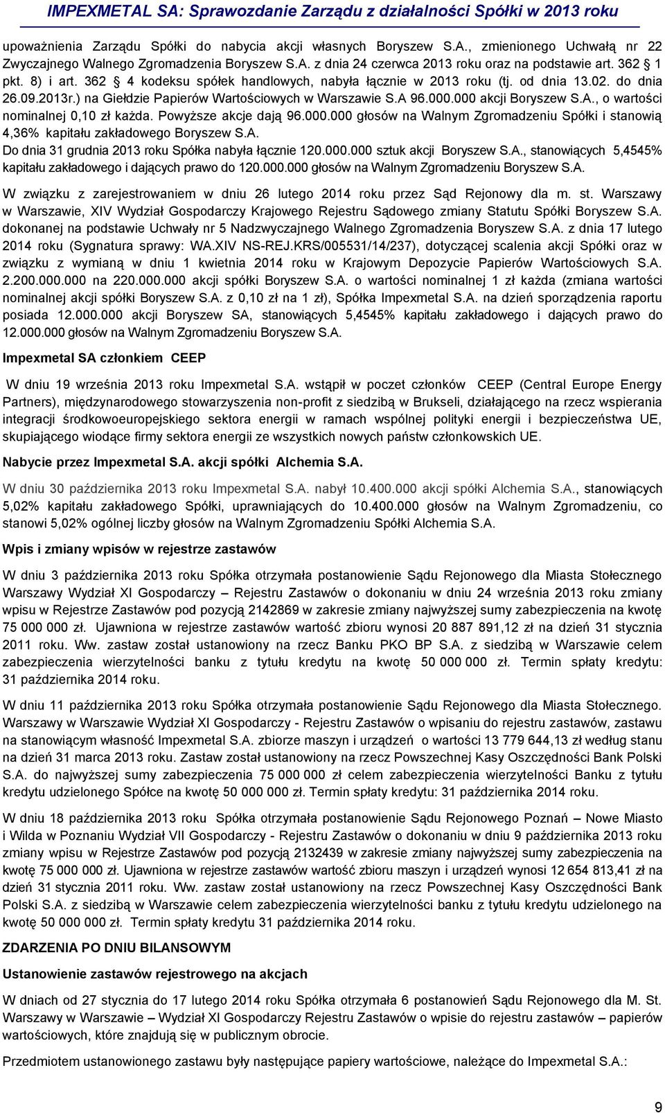 000 akcji Boryszew S.A., o wartości nominalnej 0,10 zł każda. Powyższe akcje dają 96.000.000 głosów na Walnym Zgromadzeniu Spółki i stanowią 4,36% kapitału zakładowego Boryszew S.A. Do dnia 31 grudnia 2013 roku Spółka nabyła łącznie 120.