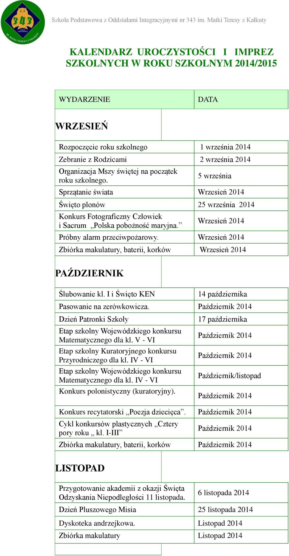 Organizacja Mszy świętej na początek roku szkolnego. 5 września Sprzątanie świata Wrzesień 2014 Święto plonów 25 września 2014 Konkurs Fotograficzny Człowiek i Sacrum Polska pobożność maryjna.