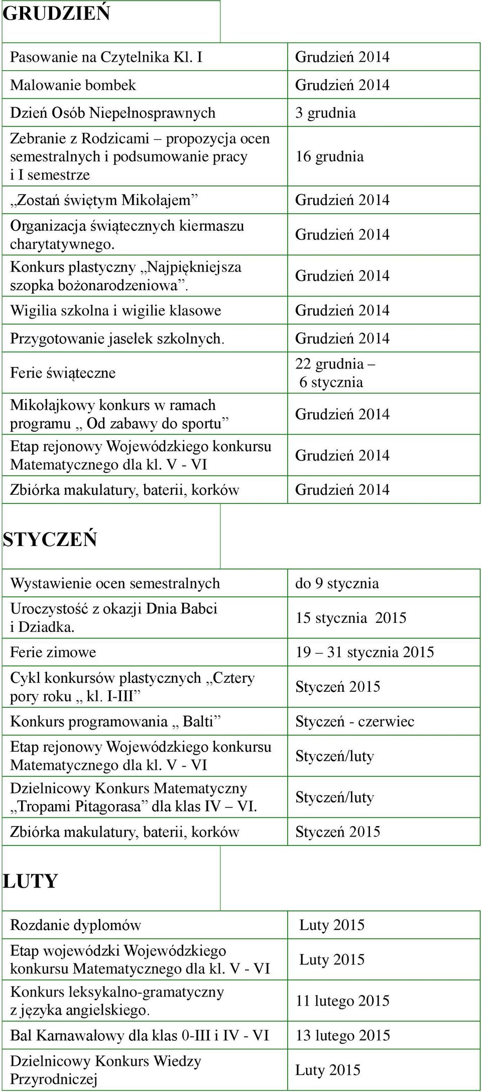 świątecznych kiermaszu charytatywnego. Konkurs plastyczny Najpiękniejsza szopka bożonarodzeniowa. Wigilia szkolna i wigilie klasowe Przygotowanie jasełek szkolnych.