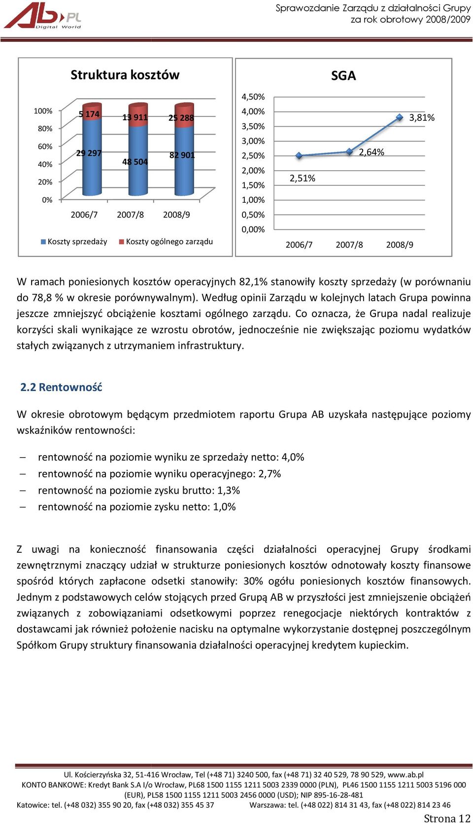 Według opinii ii Zarządu w kolejnych latach Grupa powinna jeszcze zmniejszyć obciążenie kosztami ogólnego zarządu.