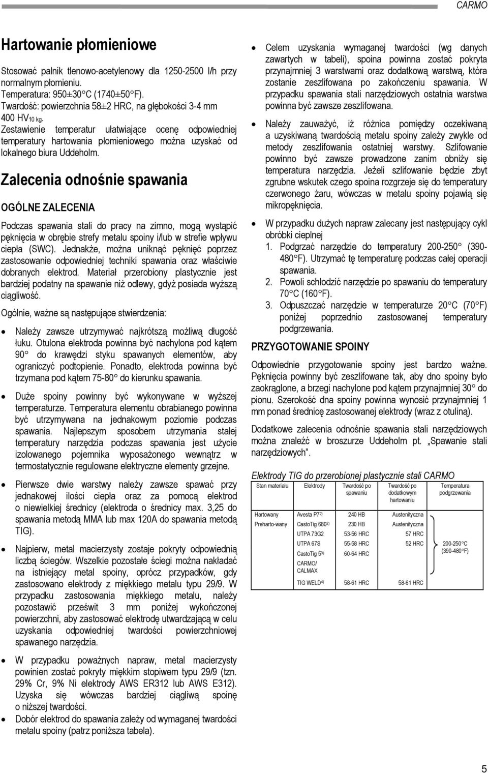 Zalecenia odnośnie spawania OGÓLNE ZALECENIA Podczas spawania stali do pracy na zimno, mogą wystąpić pęknięcia w obrębie strefy metalu spoiny i/lub w strefie wpływu ciepła (SWC).