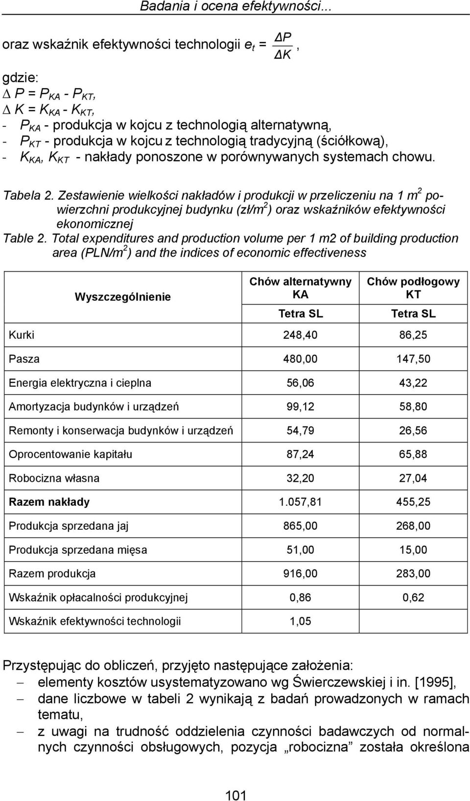 tradycyjną (ściółkową), - K KA, K KT - nakłady ponoszone w porównywanych systemach chowu. Tabela 2.