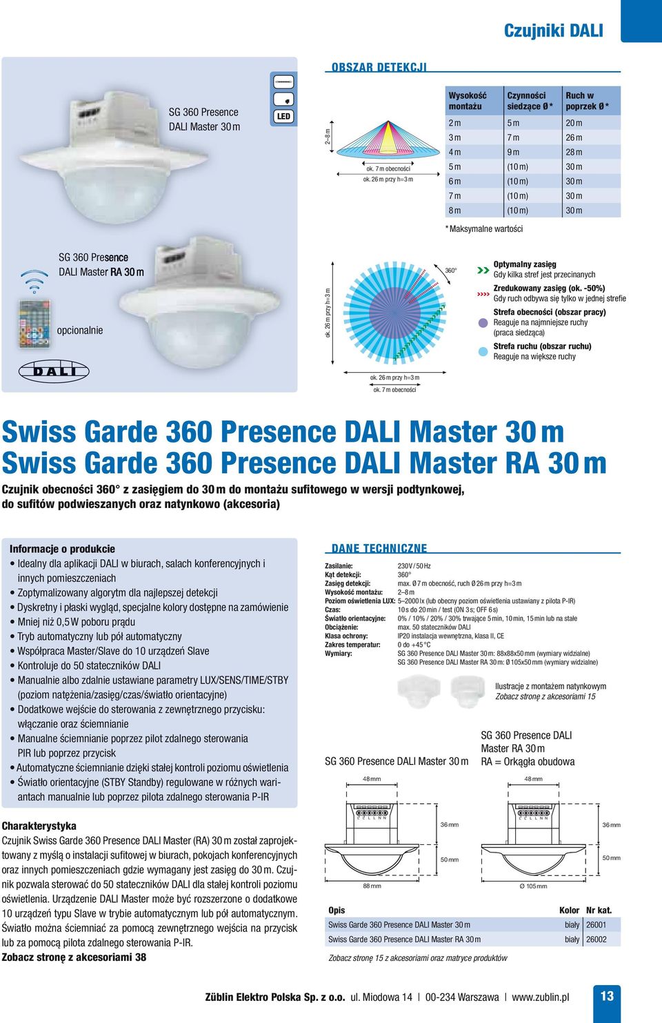 Presence DALI Master RA 30 m opcionalnie ok. 26 m przy h=3 m 360 Strefa obecności (obszar pracy) Reaguje na najmniejsze ruchy (praca siedząca) ok. 26 m przy h=3 m ok.