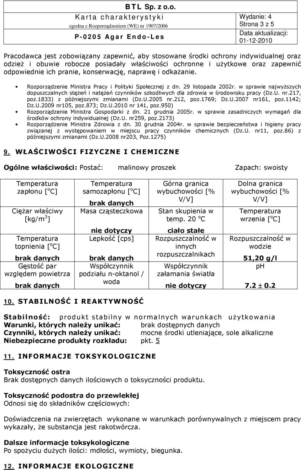 w sprawie najwyŝszych dopuszczalnych stęŝeń i natęŝeń czynników szkodliwych dla zdrowia w środowisku pracy (Dz.U. nr.217, poz.1833) z późniejszymi zmianami (Dz.U.2005 nr.212, poz.1769; Dz.U.2007 nr161, poz.