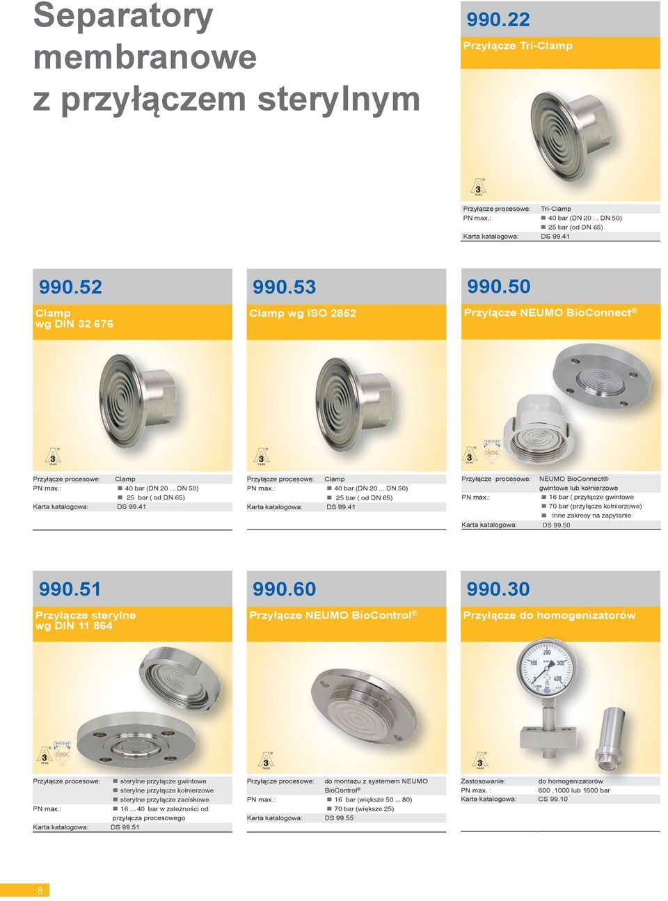 41 Przyłącze procesowe: Clamp 40 bar (DN 20... DN 50) 25 bar ( od DN 65) Karta katalogowa: DS 99.41 Przyłącze procesowe: Karta katalogowa: DS 99.