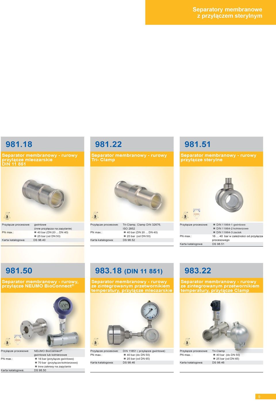 40 Przyłącze procesowe: Tri-Clamp, Clamp DIN 32676, ISO 2852 40 bar (DN 20... DN 40) 25 bar (od DN 50) Karta katalogowa: DS 98.