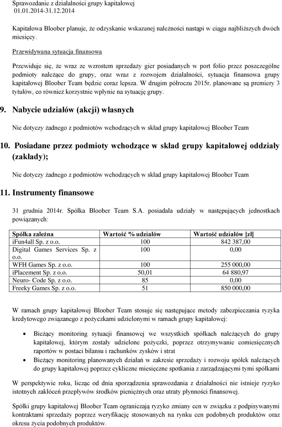 finansowa grupy kapitałowej Bloober Team będzie coraz lepsza. W drugim półroczu 2015r. planowane są premiery 3 tytułów, co również korzystnie wpłynie na sytuację grupy. 9.