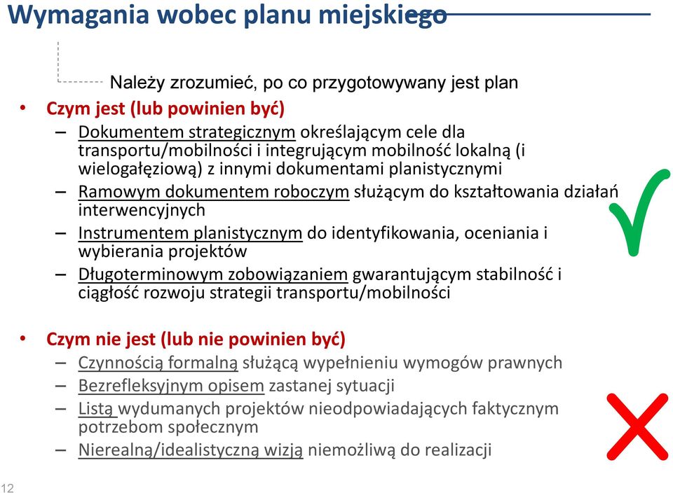 oceniania i wybierania projektów Długoterminowym zobowiązaniem gwarantującym stabilność i ciągłość rozwoju strategii transportu/mobilności Czym nie jest (lub nie powinien być) Czynnością formalną