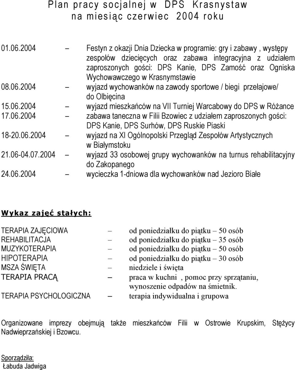 w Krasnymstawie 08.06.2004 wyjazd wychowanków na zawody sportowe / biegi przełajowe/ do Olbięcina 15.06.2004 wyjazd mieszkańców na VII Turniej Warcabowy do DPS w Różance 17.06.2004 zabawa taneczna w Filii Bzowiec z udziałem zaproszonych gości: DPS Kanie, DPS Surhów, DPS Ruskie Piaski 18-20.