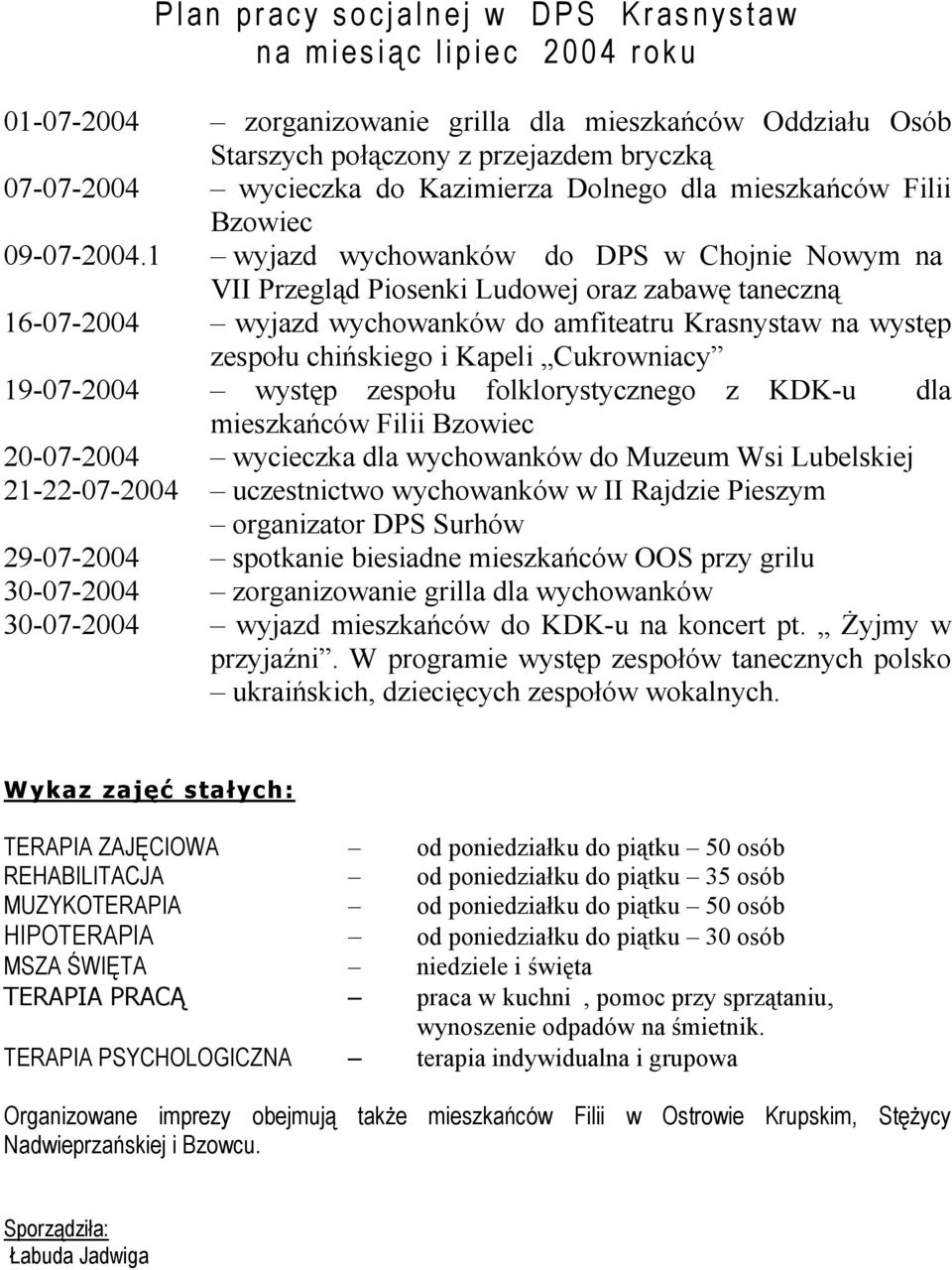 1 wyjazd wychowanków do DPS w Chojnie Nowym na VII Przegląd Piosenki Ludowej oraz zabawę taneczną 16-07-2004 wyjazd wychowanków do amfiteatru Krasnystaw na występ zespołu chińskiego i Kapeli