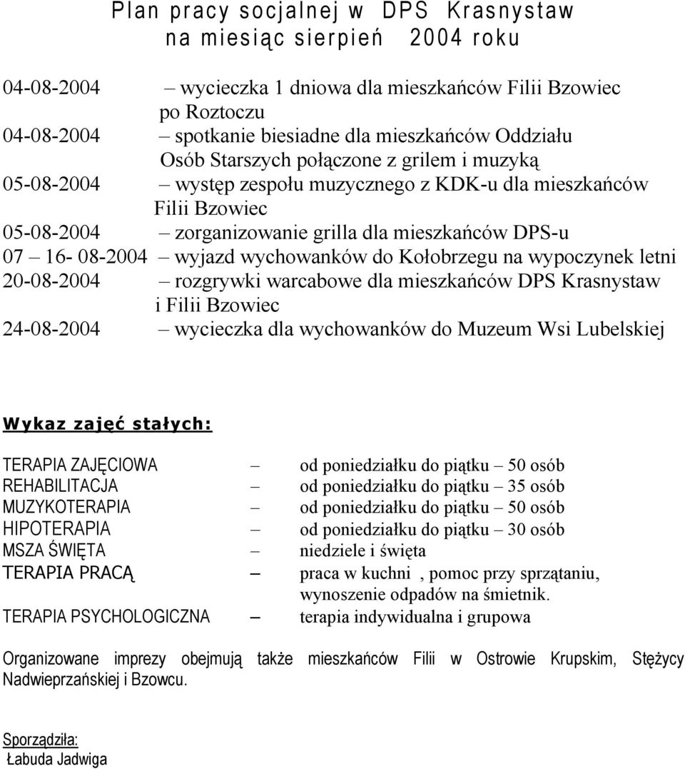 mieszkańców Filii Bzowiec 05-08-2004 zorganizowanie grilla dla mieszkańców DPS-u 07 16-08-2004 wyjazd wychowanków do Kołobrzegu na