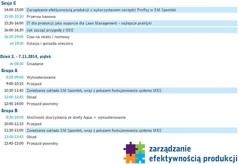 2014, piątek do 08:30 Grupa A Śniadanie 8:30-09:00 Wykwaterowanie 9:00-10:15 Przejazd 10:30-11:45 Zwiedzanie zakładu SM Spomlek, wraz z pokazem funkcjonowania systemu MES 12:00-12:45 Obiad