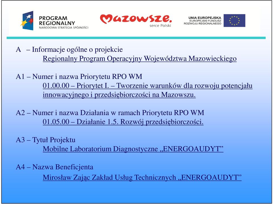 A2 Numer i nazwa Działania w ramach Priorytetu RPO WM 01.05.00 Działanie 1.5. Rozwój przedsiębiorczości.