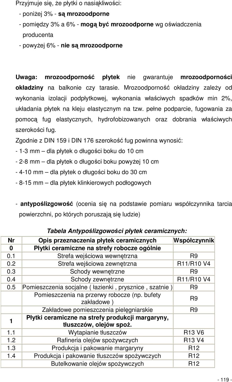 Mrozoodporność okładziny zaleŝy od wykonania izolacji podpłytkowej, wykonania właściwych spadków min 2%, układania płytek na kleju elastycznym na tzw.