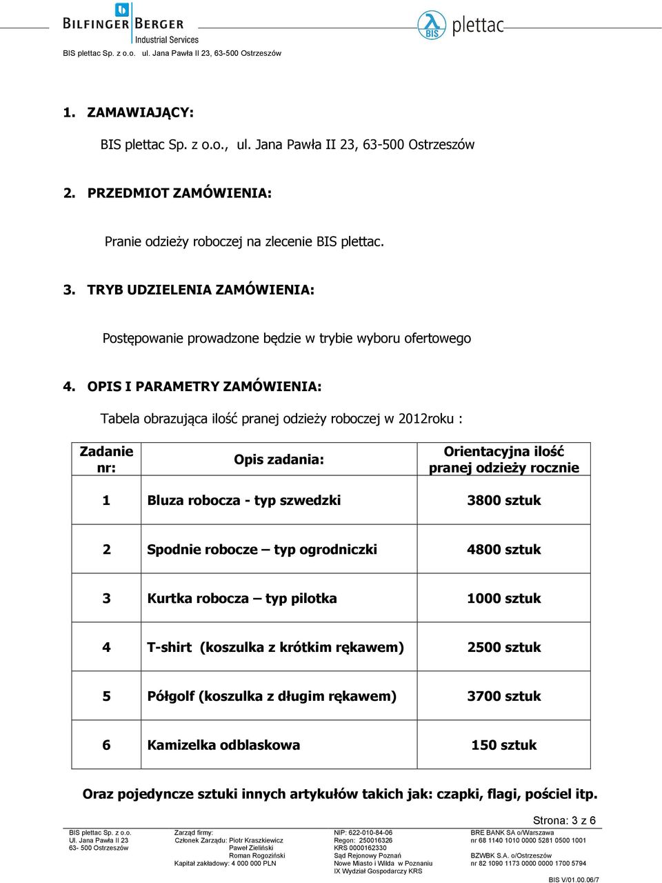 OPIS I PARAMETRY ZAMÓWIENIA: Tabela obrazująca ilość pranej odzieży roboczej w 2012roku : Zadanie nr: Opis zadania: Orientacyjna ilość pranej odzieży rocznie 1 Bluza robocza - typ