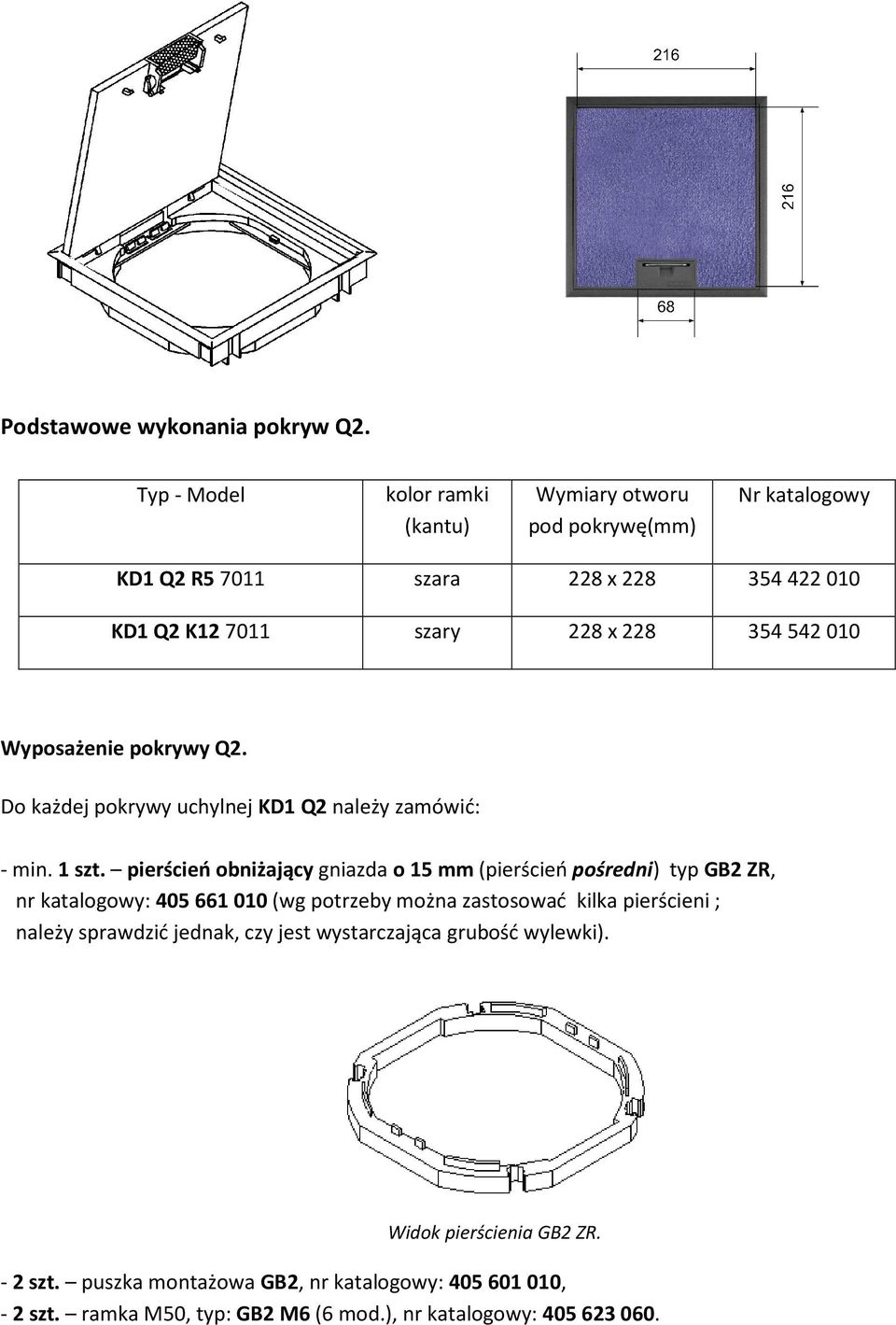 010 Wyposażenie pokrywy Q2. Do każdej pokrywy uchylnej KD1 Q2 należy zamówić: - min. 1 szt.