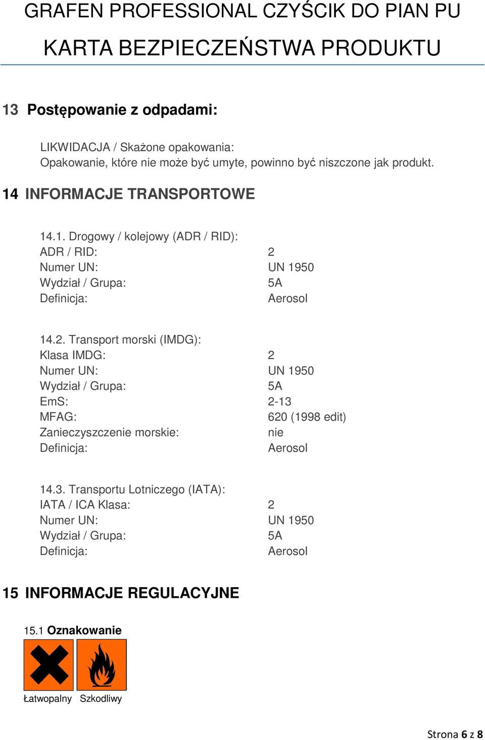 Numer UN: UN 1950 Wydział / Grupa: 5A Definicja: Aerosol 14.2.