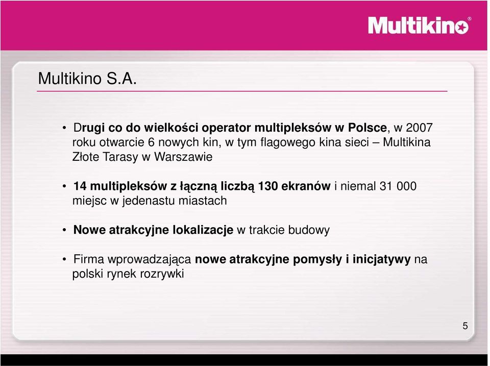 flagowego kina sieci Multikina Złote Tarasy w Warszawie 14 multipleksów z łączną liczbą 130