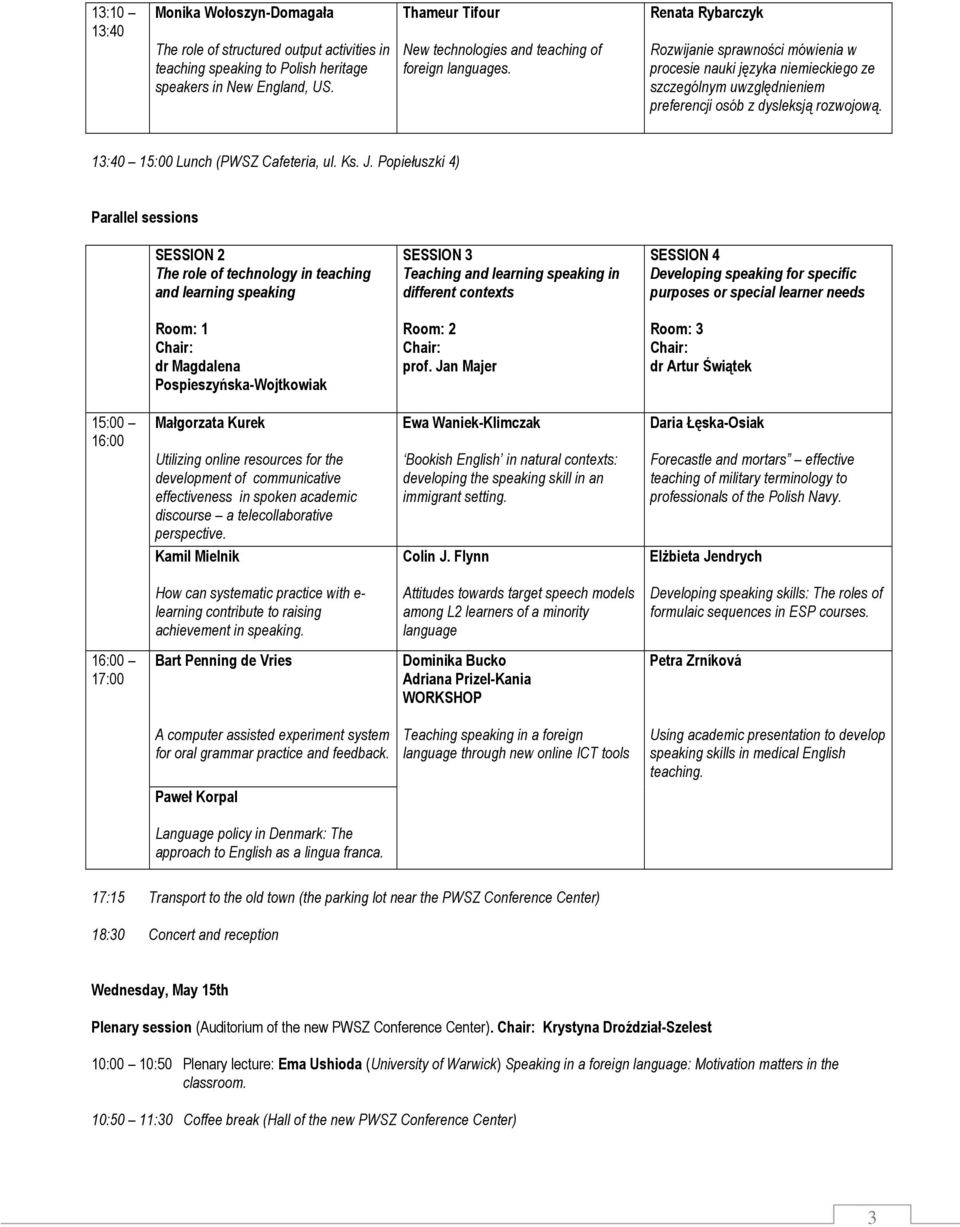 Popiełuszki 4) The role of technology in teaching Teaching in different contexts Developing speaking for specific purposes or special learner needs dr Magdalena Pospieszyńska-Wojtkowiak prof.