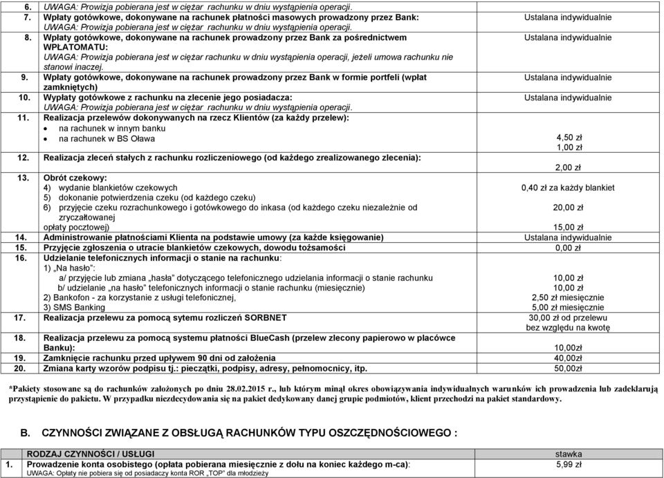 Wpłaty gotówkowe, dokonywane na rachunek prowadzony przez Bank za pośrednictwem WPŁATOMATU: UWAGA: Prowizja pobierana jest w ciężar rachunku w dniu wystąpienia operacji, jeżeli umowa rachunku nie