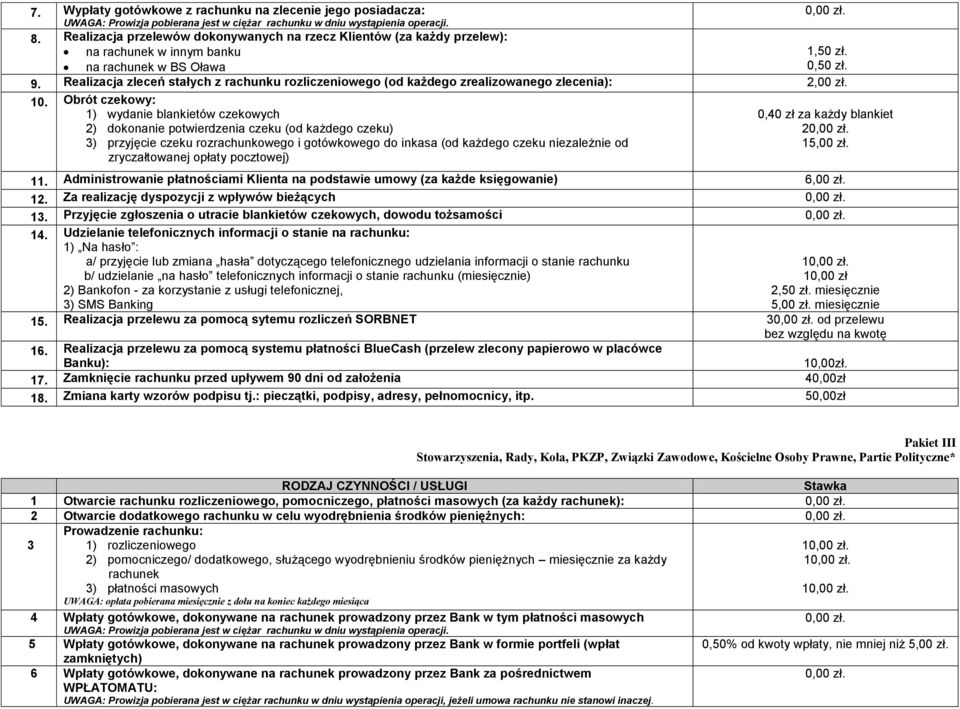 Realizacja zleceń stałych z rachunku rozliczeniowego (od każdego zrealizowanego zlecenia): 2,00 zł. 10.
