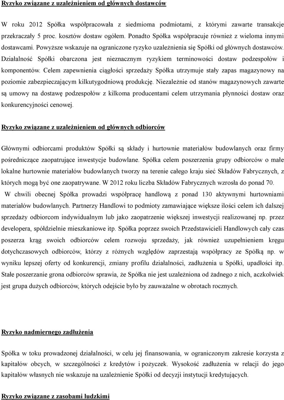 Działalność Spółki obarczona jest nieznacznym ryzykiem terminowości dostaw podzespołów i komponentów.