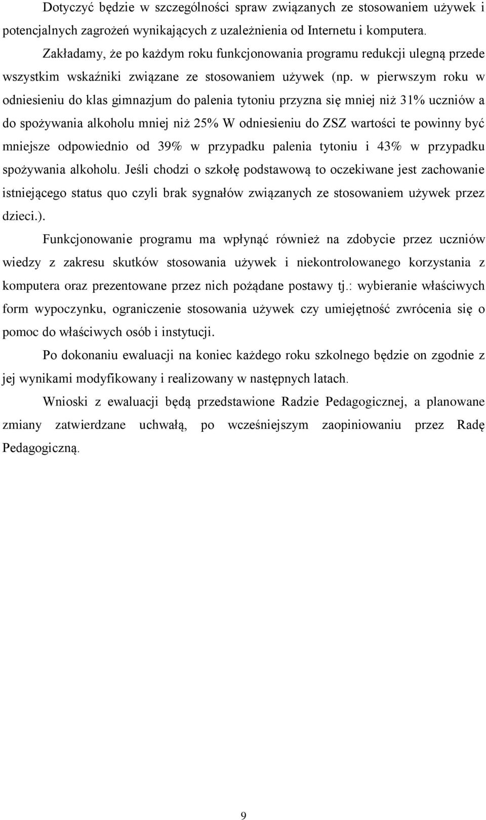 w pierwszym roku w odniesieniu do klas gimnazjum do palenia tytoniu przyzna się mniej niż 31% uczniów a do spożywania alkoholu mniej niż 25% W odniesieniu do ZSZ wartości te powinny być mniejsze