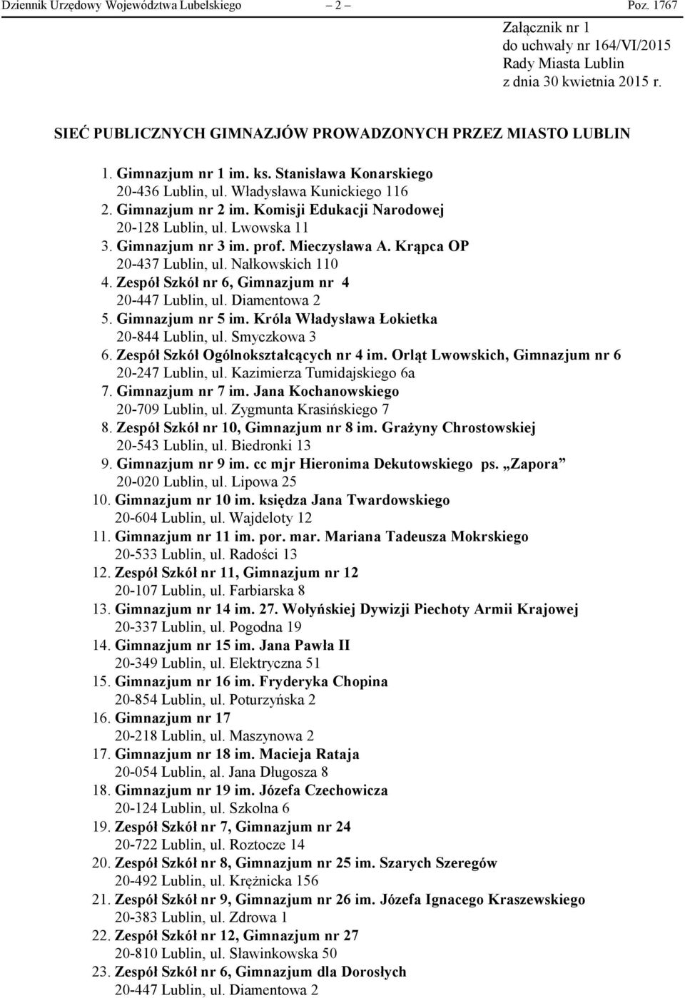 Komisji Edukacji Narodowej 20-128 Lublin, ul. Lwowska 11 3. Gimnazjum nr 3 im. prof. Mieczysława A. Krąpca OP 20-437 Lublin, ul. Nałkowskich 110 4. Zespół Szkół nr 6, Gimnazjum nr 4 20-447 Lublin, ul.