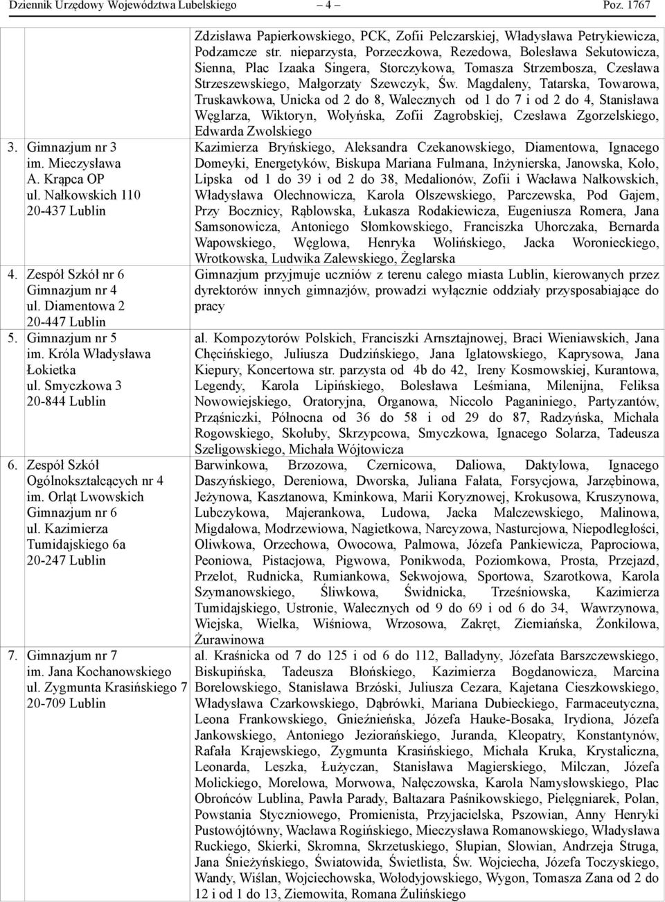 Kazimierza Tumidajskiego 6a 20-247 Lublin 7. Gimnazjum nr 7 im. Jana Kochanowskiego ul.