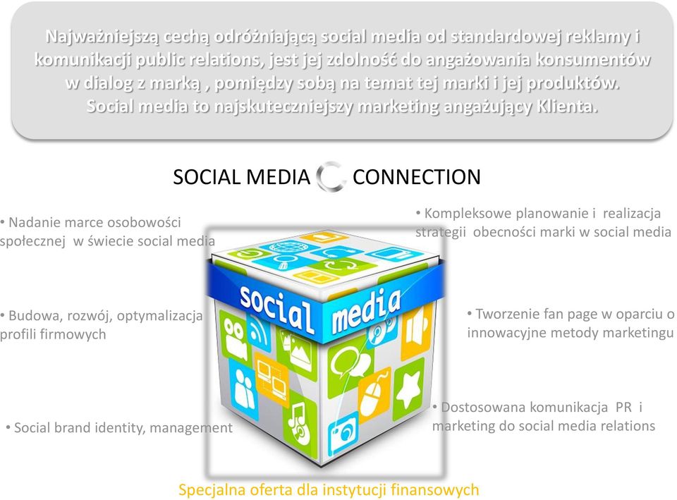 Nadanie marce osobowości społecznej w świecie social media SOCIAL MEDIA CONNECTION Kompleksowe planowanie i realizacja strategii obecności marki w social media Budowa,