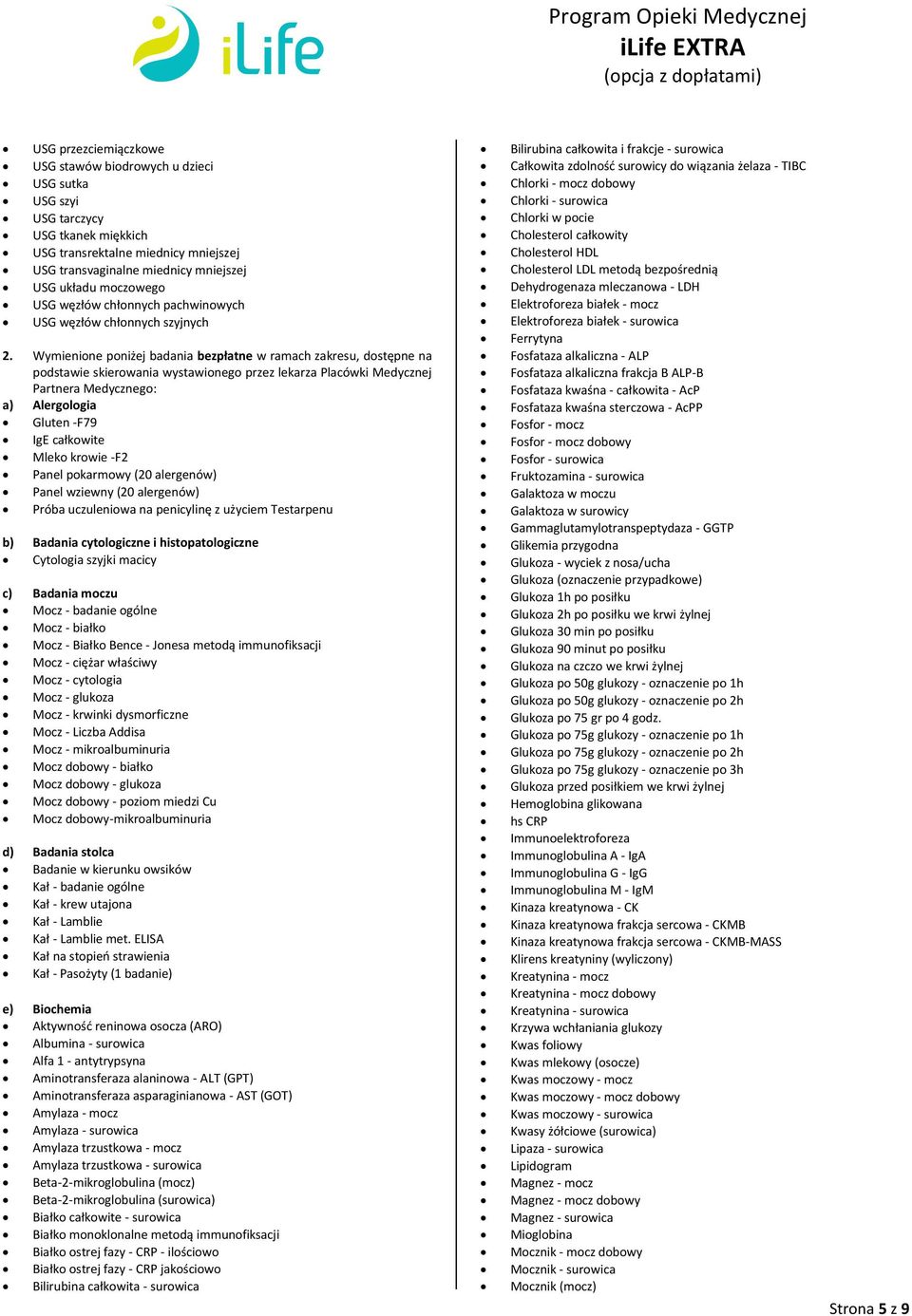 Wymienione poniżej badania bezpłatne w ramach zakresu, dostępne na podstawie skierowania wystawionego przez lekarza Placówki Medycznej Partnera Medycznego: a) Alergologia Gluten -F79 IgE całkowite