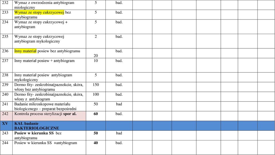 zeskrobina(paznokcie, skóra, 150 włosy bez antybiogramu 240 Dermo fity- zeskrobina(paznokcie, skóra, 100 włosy z antybiogram 241 Badanie mikroskopowe materiału 50 bad