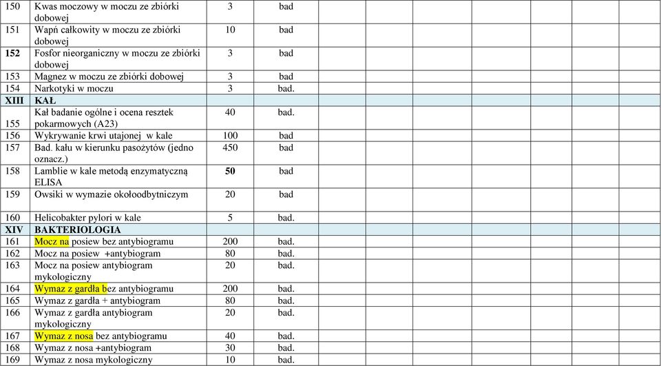 ) 158 Lamblie w kale metodą enzymatyczną 50 bad ELISA 159 Owsiki w wymazie okołoodbytniczym 20 bad 160 Helicobakter pylori w kale 5 XIV BAKTERIOLOGIA 161 Mocz na posiew bez antybiogramu 200 162 Mocz