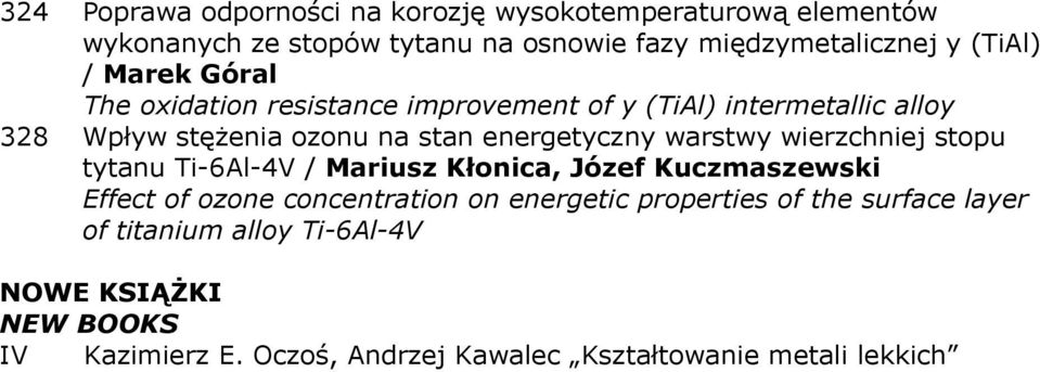 warstwy wierzchniej stopu tytanu Ti-6Al-4V / Mariusz Kłonica, Józef Kuczmaszewski Effect of ozone concentration on energetic