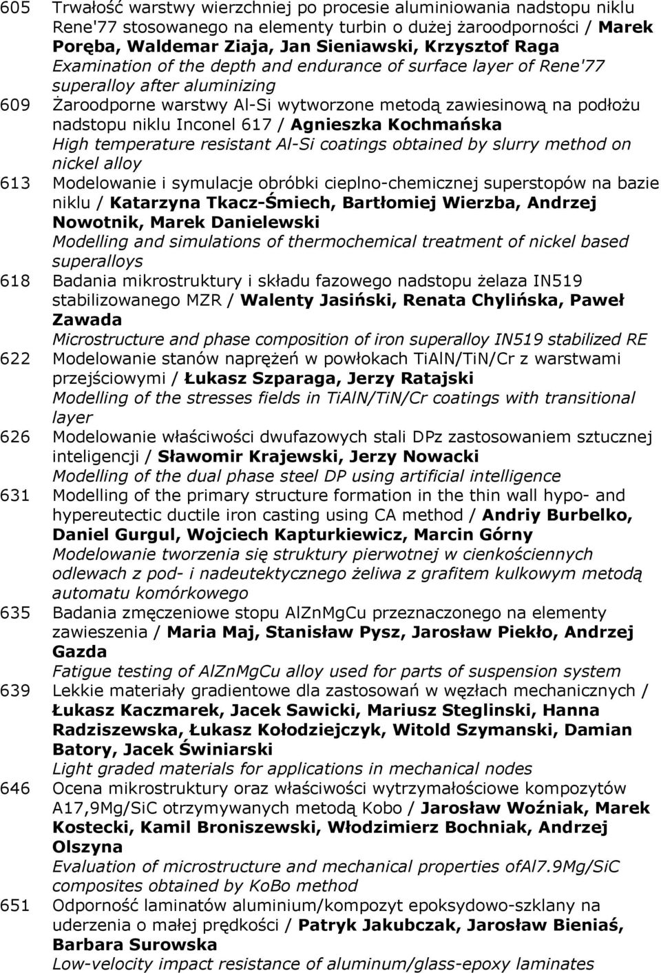 Agnieszka Kochmańska High temperature resistant Al-Si coatings obtained by slurry method on nickel alloy 613 Modelowanie i symulacje obróbki cieplno-chemicznej superstopów na bazie niklu / Katarzyna