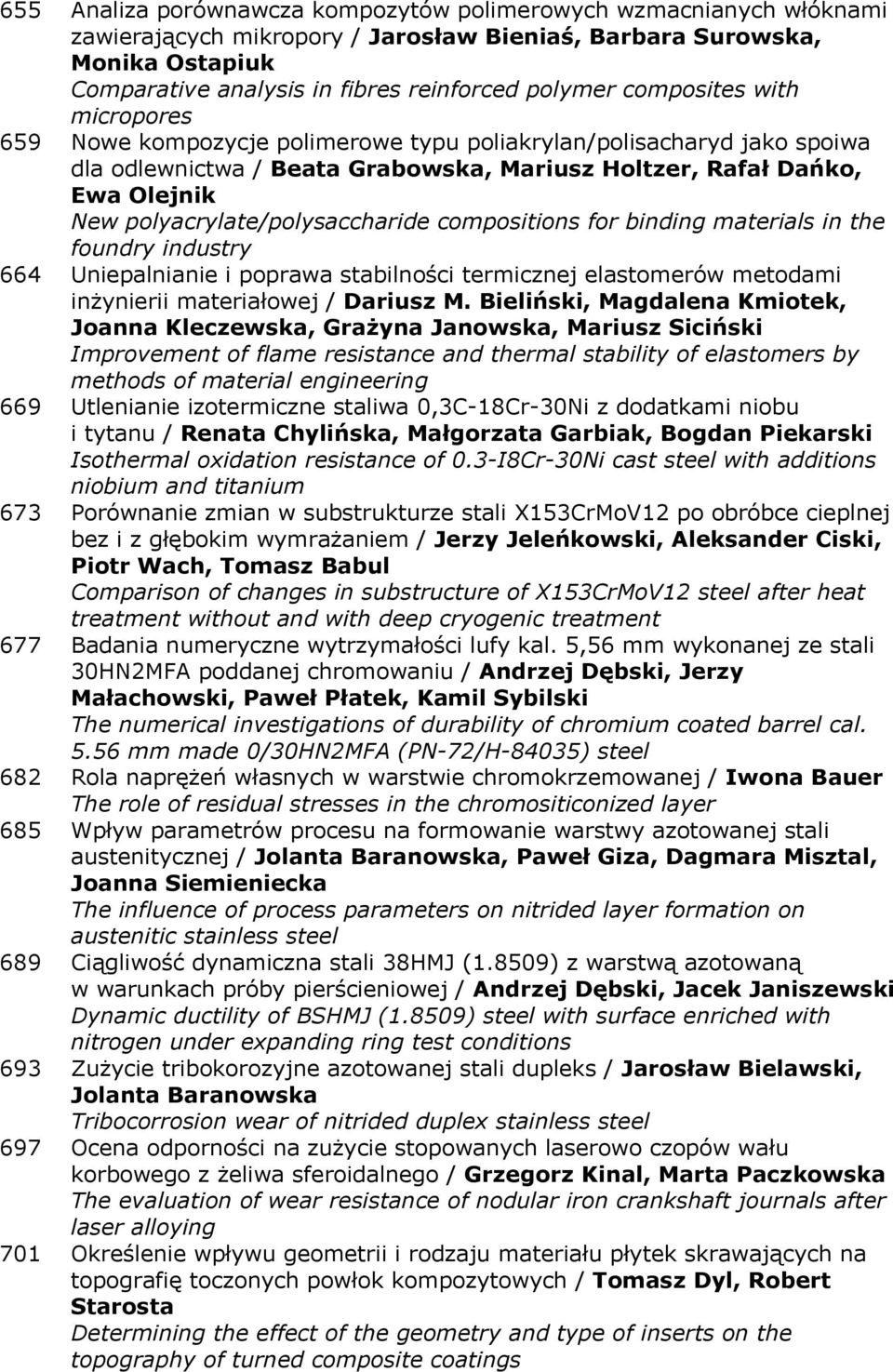 polyacrylate/polysaccharide compositions for binding materials in the foundry industry 664 Uniepalnianie i poprawa stabilności termicznej elastomerów metodami inżynierii materiałowej / Dariusz M.