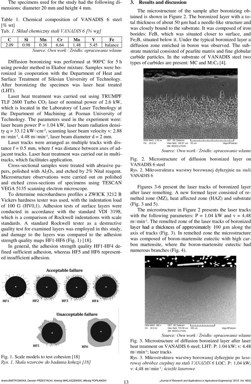 Samples were boronized in cooperation with the Department of Heat and Surface Treatment of Silesian University of Technology. After boronizing the specimen was laser heat treated (LHT).