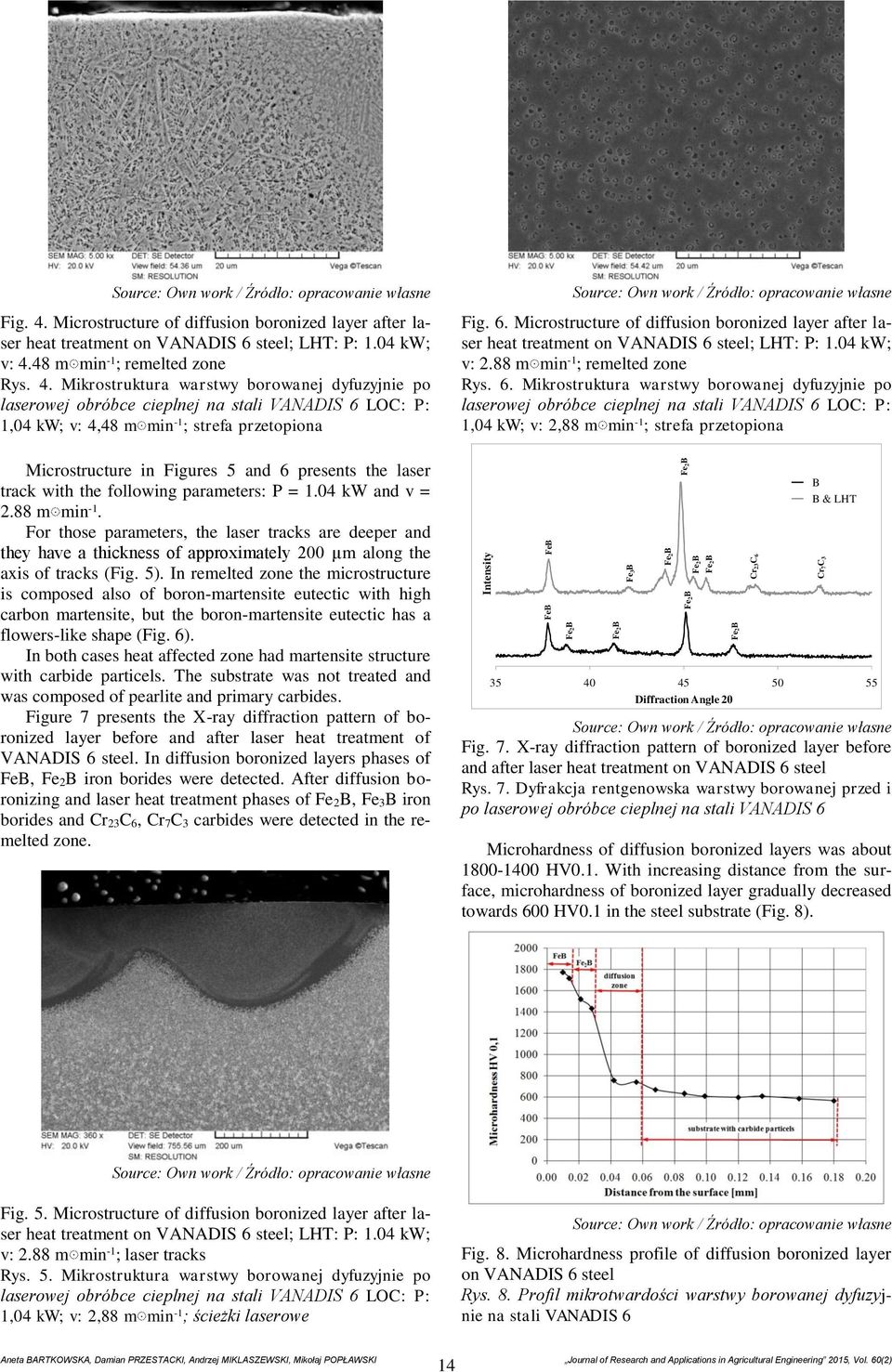 Mikrostruktura warstwy borowanej dyfuzyjnie po 1,04 kw; v: 2,88 m min -1 ; strefa przetopiona Microstructure in Figures 5 and 6 presents the laser track with the following parameters: P = 1.