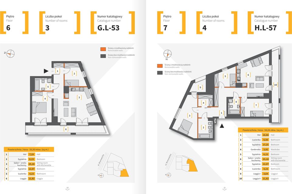 Non-removeable walls 5 6 5 9 10 8 7 1 6 Powierzchnia / Area - 9,0 mkw. (sq.m.) 1 Hol 16,66 Hall Łazienka 6,50 Bathroom Sypialnia 17,5 Bedroom Powierzchnia / Area - 56,90 mkw. (sq.m.) Garderoba,9 Wardrobe 1 Hol 7,19 Hall Sypialnia 8, Bedroom Salon + aneks kuchenny 5,18 Sitting room with kitchenette ul.