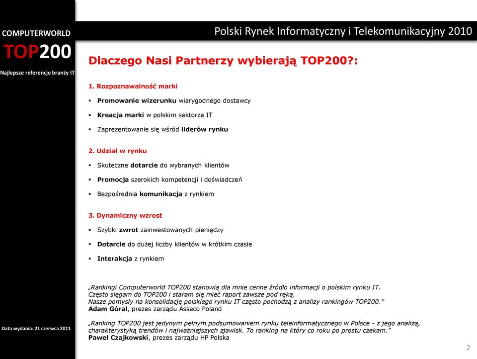 Dynamiczny wzrost Szybki zwrot zainwestowanych pieniędzy Dotarcie do dużej liczby klientów w krótkim czasie Interakcja z rynkiem Rankingi Computerworld stanowią dla mnie cenne źródło informacji o