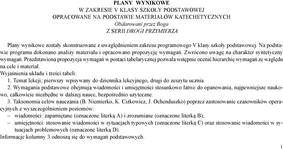 Przedstawiona propozycja wymagań w postaci tabelarycznej pozwala wstępnie ocenić hierarchię wymagań ze względu na cele i materiał. Wyjaśnienia układu i treści tabeli: 1.