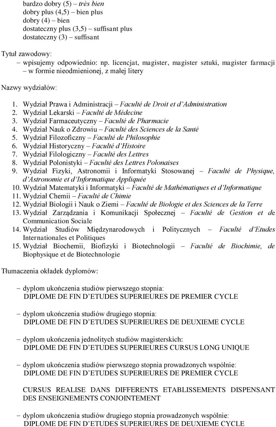 Wydział Lekarski Faculté de Médecine 3. Wydział Farmaceutyczny Faculté de Pharmacie 4. Wydział Nauk o Zdrowiu Faculté des Sciences de la Santé 5. Wydział Filozoficzny Faculté de Philosophie 6.